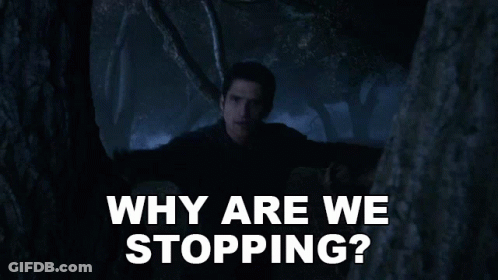 Two Men Dark Room Asking Why Are We Stopping GIF