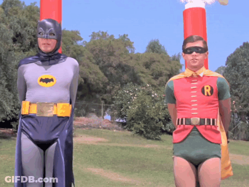 Two Men Dressed As Batman And Robin Are Standing Next To Each Other In A Field GIF