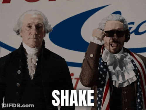 Two Men Dressed As George Washington And Abraham Lincoln Are Shaking GIF