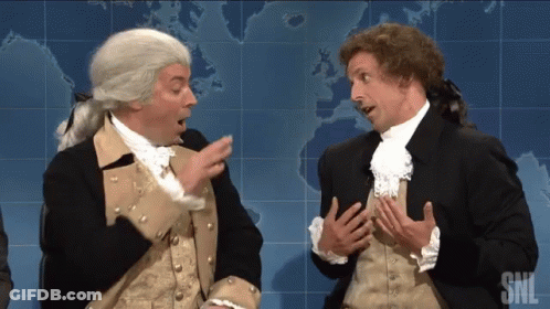 Two Men Dressed As George Washington And Abraham Lincoln Are Standing Next To Each Other GIF