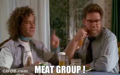 Two Men Drinking Beer Saying Meat Group GIF