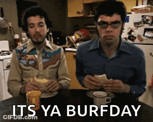 Two Men Eating Sandwiches Its Ya Burfday GIF