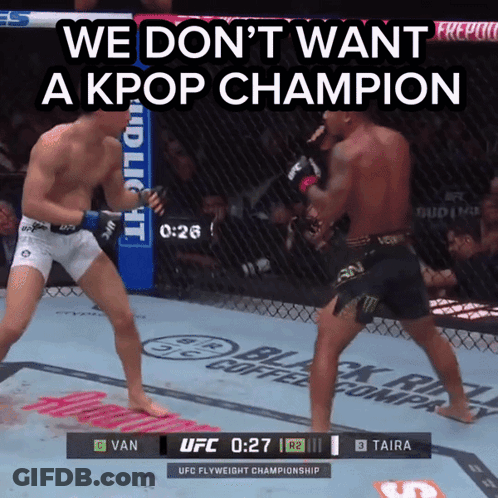 Two Men Fighting In Boxing Ring Saying We Don't Want A Kpop Champion GIF