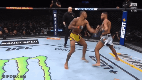 Two Men Fighting In Boxing Ring Sponsored By ESPN And Monster GIF