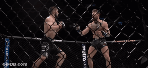 Two Men Fighting In Cage With Metro Sign GIF