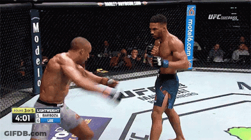 Two Men Fighting In Cage With Motel6.com GIF