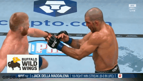 Two Men Fighting In Front Of Buffalo Wild Wings Banner GIF