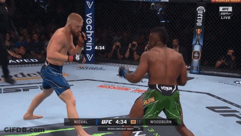 Two Men Fighting In UFC Match One Wearing Green Shorts With Burn GIF