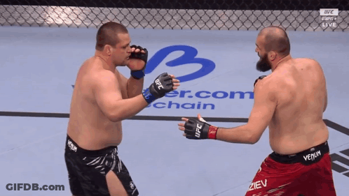 Two Men Fighting In UFC Ring One Wearing Venom Shorts GIF