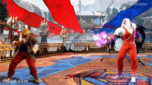 Two Men Fighting In Video Game One Holding Purple Object GIF