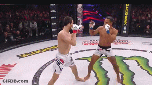 Two Men Fighting Monster In Boxing Ring GIF