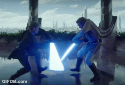 Two Men Fighting With Lightsabers GIF