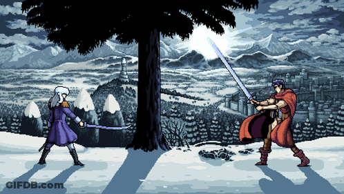 Two Men Fighting With Swords Pixel Art GIF