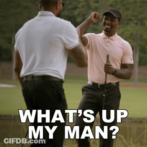 Two Men High-Fiving Saying What's Up My Man GIF