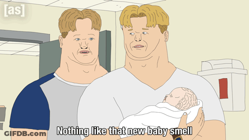 Two Men Holding Baby Saying Nothing Like That New Baby Smell GIF