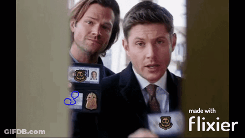 Two Men Holding Badges With The Number 8 On It GIF