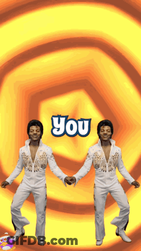 Two Men Holding Hands In Front Of A Yellow And Orange Background With The Word You On It GIF