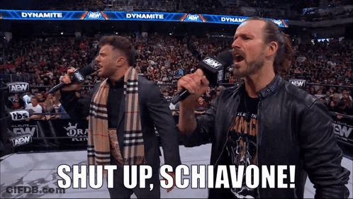 Two Men Holding Microphones In Front Of Crowd GIF