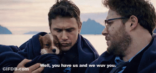 Two Men Holding Puppy Saying Well You Have Us And We Wuv You GIF