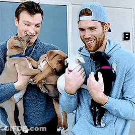 Two Men Holding Three Puppies Smiling GIF