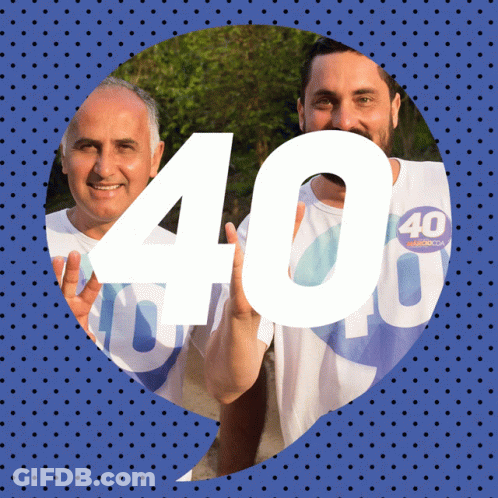 Two Men Holding Up Number 40 On Blue Background GIF