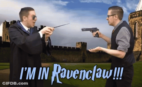 Two Men Holding Wand And Gun Saying I'm In Ravenclaw GIF