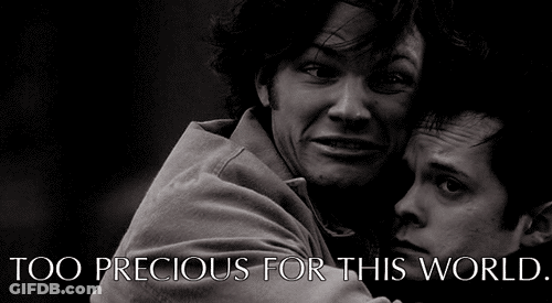 Two Men Hugging Each Other With The Words Too Precious For This World Below Them GIF