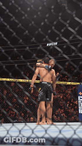 Two Men Hugging In Boxing Ring UFC310 GIF