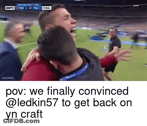 Two Men Hugging Soccer Field We Finally Convinced @ Ledkin57 To Get Back On Y'n Craft GIF
