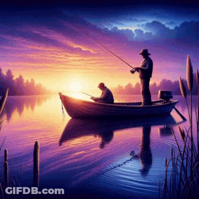 Two Men In A Boat Fishing At Sunset GIF