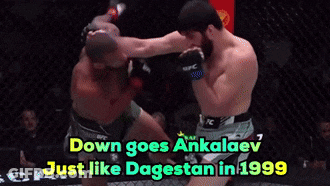 Two Men In A Boxing Ring With The Words Down Goes Ankalaev Just Like Dagestan In 1999 On The Bottom GIF