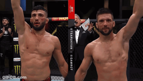 Two Men In A Boxing Ring With UFC Written On A Sign GIF