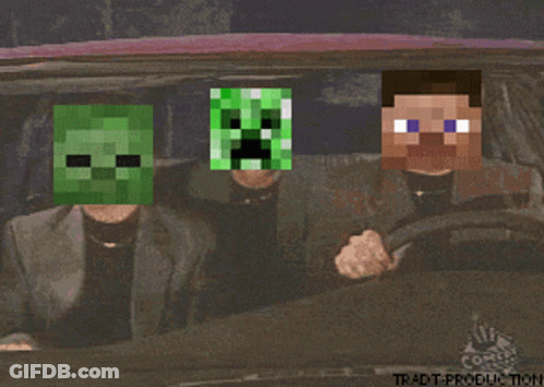 Two Men In A Car With Minecraft Faces On Their Heads GIF