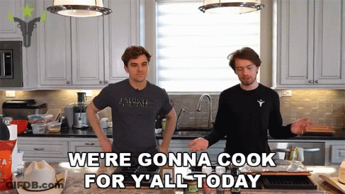 Two Men In A Kitchen With The Words " We 'Re Gonna Cook For Y'all Today " GIF