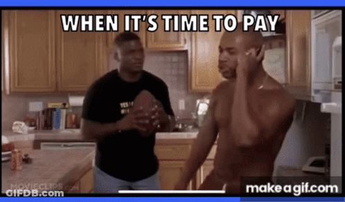 Two Men In A Kitchen With The Words When It 'S Time To Pay GIF