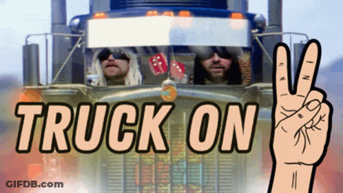 Two Men In A Truck With The Words Truck On On The Bottom GIF
