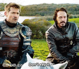 Two Men In Armor Are Sitting On A Horse And One Of Them Is Saying " Don 'T Say It " GIF