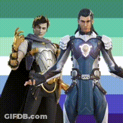 Two Men In Armor Are Standing Next To Each Other In Front Of A Colorful Background . GIF