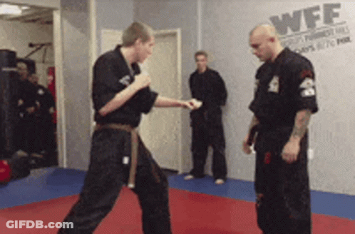Two Men In Black Karate Uniforms In Front Of WFF Wall GIF