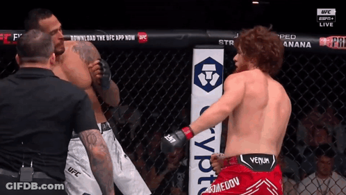 Two Men In Cage With Red Venum Shorts GIF