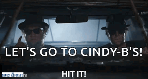 Two Men In Car With Let's Go To Cindy-B's GIF