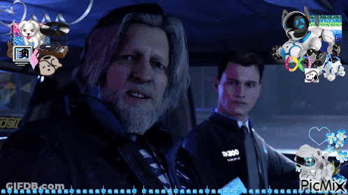 Two Men In Car With Robot Background GIF
