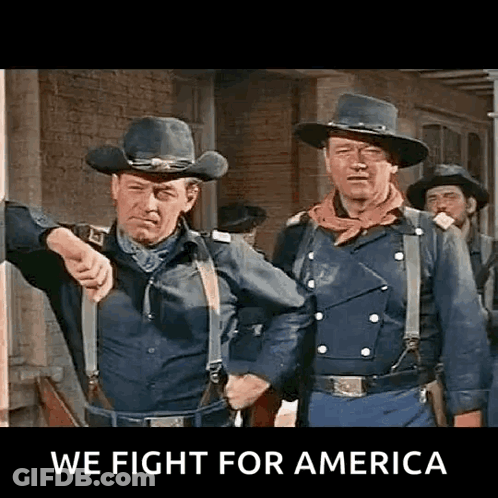Two Men In Cowboy Hats And Suspenders Pointing GIF