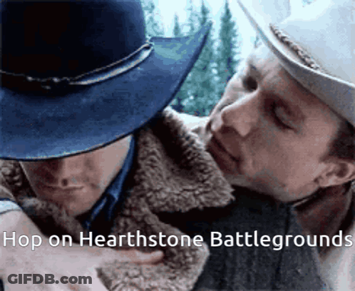 Two Men In Cowboy Hats Are Hugging Each Other With The Words Hop On Hearthstone Battlegrounds Written On The Bottom GIF