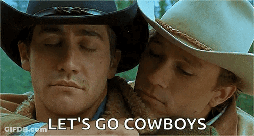 Two Men In Cowboy Hats Are Hugging Each Other With The Words Let 'S Go Cowboys Above Them GIF