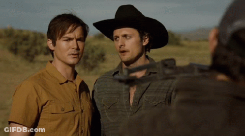 Two Men In Cowboy Hats In Field GIF
