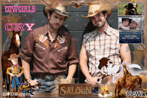 Two Men In Cowboy Hats With Saloon Sign GIF