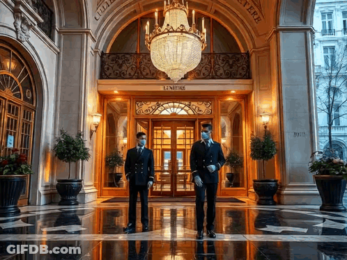 Two Men In Face Masks In Front Of L'Établissement GIF