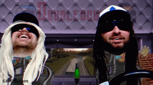Two Men In Front Of A Sign That Says Double Dog On It GIF