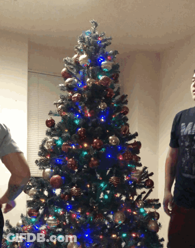 Two Men In Front Of Christmas Tree One Wearing Mad Shirt GIF